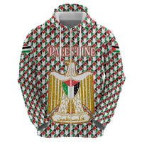 Palestine Christmas Hoodie with Red-Green Pattern, Golden Eagle Emblem, and Jesus Holding Flag Motif - Wonder Print Shop