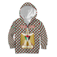 Palestine Christmas Kid Hoodie with Red-Green Pattern, Golden Eagle Emblem, and Jesus Holding Flag Motif - Wonder Print Shop