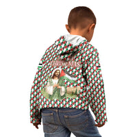 Palestine Christmas Kid Hoodie with Red-Green Pattern, Golden Eagle Emblem, and Jesus Holding Flag Motif - Wonder Print Shop
