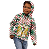 Palestine Christmas Kid Hoodie with Red-Green Pattern, Golden Eagle Emblem, and Jesus Holding Flag Motif - Wonder Print Shop