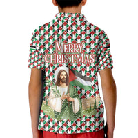 Palestine Christmas Kid Polo Shirt with Red-Green Pattern, Golden Eagle Emblem, and Jesus Holding Flag Motif - Wonder Print Shop