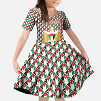 Palestine Christmas Kid Short Sleeve Dress with Red-Green Pattern, Golden Eagle Emblem, and Jesus Holding Flag Motif - Wonder Print Shop