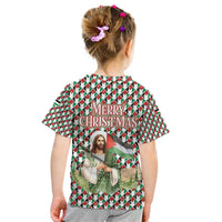 Palestine Christmas Kid T Shirt with Red-Green Pattern, Golden Eagle Emblem, and Jesus Holding Flag Motif - Wonder Print Shop