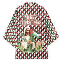 Palestine Christmas Kimono with Red-Green Pattern, Golden Eagle Emblem, and Jesus Holding Flag Motif - Wonder Print Shop