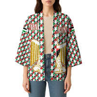 Palestine Christmas Kimono with Red-Green Pattern, Golden Eagle Emblem, and Jesus Holding Flag Motif - Wonder Print Shop