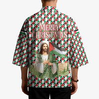 Palestine Christmas Kimono with Red-Green Pattern, Golden Eagle Emblem, and Jesus Holding Flag Motif - Wonder Print Shop