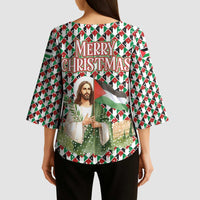 Palestine Christmas Kimono Sleeve Blouse with Red-Green Pattern, Golden Eagle Emblem, and Jesus Holding Flag Motif - Wonder Print Shop