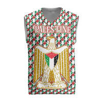 Palestine Christmas Knitted V-Neck Vest with Red-Green Pattern, Golden Eagle Emblem, and Jesus Holding Flag Motif - Wonder Print Shop