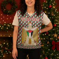 Palestine Christmas Knitted V-Neck Vest with Red-Green Pattern, Golden Eagle Emblem, and Jesus Holding Flag Motif - Wonder Print Shop
