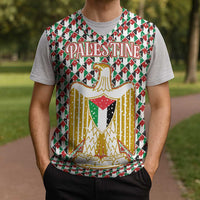 Palestine Christmas Knitted V-Neck Vest with Red-Green Pattern, Golden Eagle Emblem, and Jesus Holding Flag Motif - Wonder Print Shop