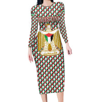 Palestine Christmas Long Sleeve Bodycon Dress with Red-Green Pattern, Golden Eagle Emblem, and Jesus Holding Flag Motif - Wonder Print Shop