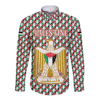 Palestine Christmas Long Sleeve Button Shirt with Red-Green Pattern, Golden Eagle Emblem, and Jesus Holding Flag Motif - Wonder Print Shop