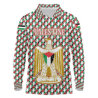 Palestine Christmas Long Sleeve Polo Shirt with Red-Green Pattern, Golden Eagle Emblem, and Jesus Holding Flag Motif - Wonder Print Shop