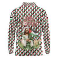Palestine Christmas Long Sleeve Polo Shirt with Red-Green Pattern, Golden Eagle Emblem, and Jesus Holding Flag Motif - Wonder Print Shop