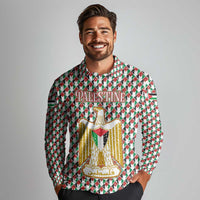 Palestine Christmas Long Sleeve Polo Shirt with Red-Green Pattern, Golden Eagle Emblem, and Jesus Holding Flag Motif - Wonder Print Shop