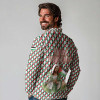Palestine Christmas Long Sleeve Polo Shirt with Red-Green Pattern, Golden Eagle Emblem, and Jesus Holding Flag Motif - Wonder Print Shop