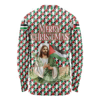 Palestine Christmas Long Sleeve Shirt with Red-Green Pattern, Golden Eagle Emblem, and Jesus Holding Flag Motif - Wonder Print Shop