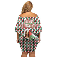 Palestine Christmas Off Shoulder Short Dress with Red-Green Pattern, Golden Eagle Emblem, and Jesus Holding Flag Motif - Wonder Print Shop