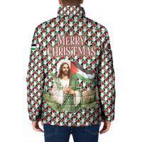Palestine Christmas Padded Jacket with Red-Green Pattern, Golden Eagle Emblem, and Jesus Holding Flag Motif - Wonder Print Shop