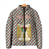 Palestine Christmas Padded Jacket with Red-Green Pattern, Golden Eagle Emblem, and Jesus Holding Flag Motif - Wonder Print Shop