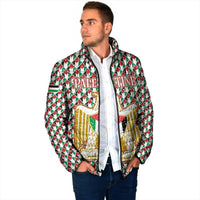 Palestine Christmas Padded Jacket with Red-Green Pattern, Golden Eagle Emblem, and Jesus Holding Flag Motif - Wonder Print Shop