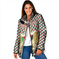 Palestine Christmas Padded Jacket with Red-Green Pattern, Golden Eagle Emblem, and Jesus Holding Flag Motif - Wonder Print Shop