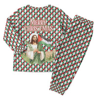 Palestine Christmas Pajama Set with Red-Green Pattern, Golden Eagle Emblem, and Jesus Holding Flag Motif - Wonder Print Shop