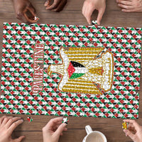 Palestine Christmas Puzzle with Red-Green Pattern, Golden Eagle Emblem, and Jesus Holding Flag Motif - Wonder Print Shop