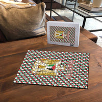 Palestine Christmas Puzzle with Red-Green Pattern, Golden Eagle Emblem, and Jesus Holding Flag Motif - Wonder Print Shop