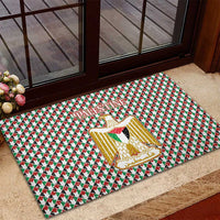 Palestine Christmas Rubber Doormat with Red-Green Pattern, Golden Eagle Emblem, and Jesus Holding Flag Motif - Wonder Print Shop