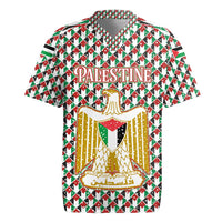 Palestine Christmas Rugby Jersey with Red-Green Pattern, Golden Eagle Emblem, and Jesus Holding Flag Motif - Wonder Print Shop