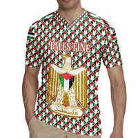 Palestine Christmas Rugby Jersey with Red-Green Pattern, Golden Eagle Emblem, and Jesus Holding Flag Motif - Wonder Print Shop