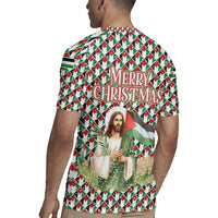 Palestine Christmas Rugby Jersey with Red-Green Pattern, Golden Eagle Emblem, and Jesus Holding Flag Motif - Wonder Print Shop