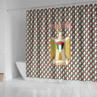 Palestine Christmas Shower Curtain with Red-Green Pattern, Golden Eagle Emblem, and Jesus Holding Flag Motif - Wonder Print Shop