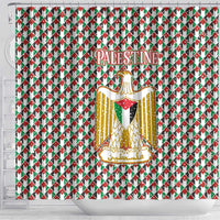 Palestine Christmas Shower Curtain with Red-Green Pattern, Golden Eagle Emblem, and Jesus Holding Flag Motif - Wonder Print Shop