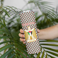 Palestine Christmas Skinny Tumbler with Red-Green Pattern, Golden Eagle Emblem, and Jesus Holding Flag Motif - Wonder Print Shop