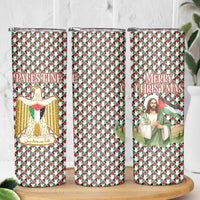 Palestine Christmas Skinny Tumbler with Red-Green Pattern, Golden Eagle Emblem, and Jesus Holding Flag Motif - Wonder Print Shop