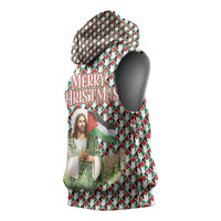 Palestine Christmas Sleeveless Hoodie with Red-Green Pattern, Golden Eagle Emblem, and Jesus Holding Flag Motif - Wonder Print Shop