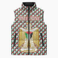 Palestine Christmas Sleeveless Puffer Jacket with Red-Green Pattern, Golden Eagle Emblem, and Jesus Holding Flag Motif - Wonder Print Shop