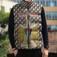 Palestine Christmas Sleeveless Puffer Jacket with Red-Green Pattern, Golden Eagle Emblem, and Jesus Holding Flag Motif - Wonder Print Shop