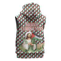 Palestine Christmas Sleeveless Zip Hoodie with Red-Green Pattern, Golden Eagle Emblem, and Jesus Holding Flag Motif - Wonder Print Shop