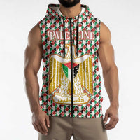 Palestine Christmas Sleeveless Zip Hoodie with Red-Green Pattern, Golden Eagle Emblem, and Jesus Holding Flag Motif - Wonder Print Shop