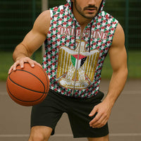 Palestine Christmas Sleeveless Zip Hoodie with Red-Green Pattern, Golden Eagle Emblem, and Jesus Holding Flag Motif - Wonder Print Shop