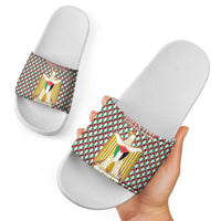 Palestine Christmas Slide Sandals with Red-Green Pattern, Golden Eagle Emblem, and Jesus Holding Flag Motif - Wonder Print Shop