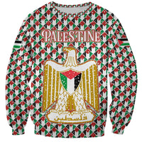 Palestine Christmas Sweatshirt with Red-Green Pattern, Golden Eagle Emblem, and Jesus Holding Flag Motif - Wonder Print Shop