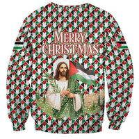 Palestine Christmas Sweatshirt with Red-Green Pattern, Golden Eagle Emblem, and Jesus Holding Flag Motif - Wonder Print Shop