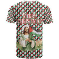 Palestine Christmas T Shirt with Red-Green Pattern, Golden Eagle Emblem, and Jesus Holding Flag Motif - Wonder Print Shop