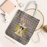 Palestine Christmas Tote Bag with Red-Green Pattern, Golden Eagle Emblem, and Jesus Holding Flag Motif - Wonder Print Shop