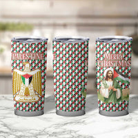 Palestine Christmas Tumbler Cup with Red-Green Pattern, Golden Eagle Emblem, and Jesus Holding Flag Motif - Wonder Print Shop