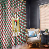 Palestine Christmas Window Curtain with Red-Green Pattern, Golden Eagle Emblem, and Jesus Holding Flag Motif - Wonder Print Shop